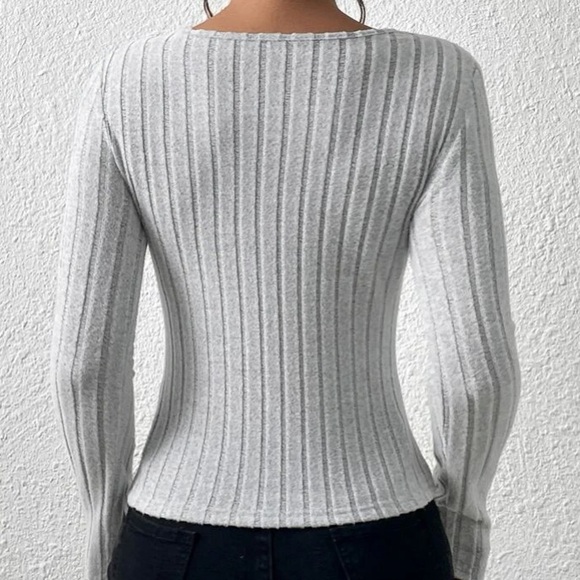 Grey Rib Knit Lace Neck Top in XS - Picture 2 of 5